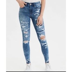 American Eagle Sz 8 Hi Rise Jegging N(e)xt Level Stretch Jeans Raw Hem